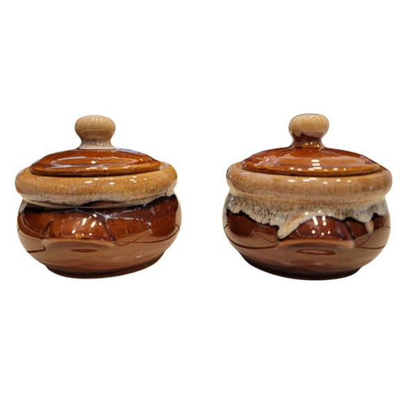 Vintage Brown Glazed Ceramic Soup Bowls With Lids - Handcrafted Drip Design - Picture 5 of 7